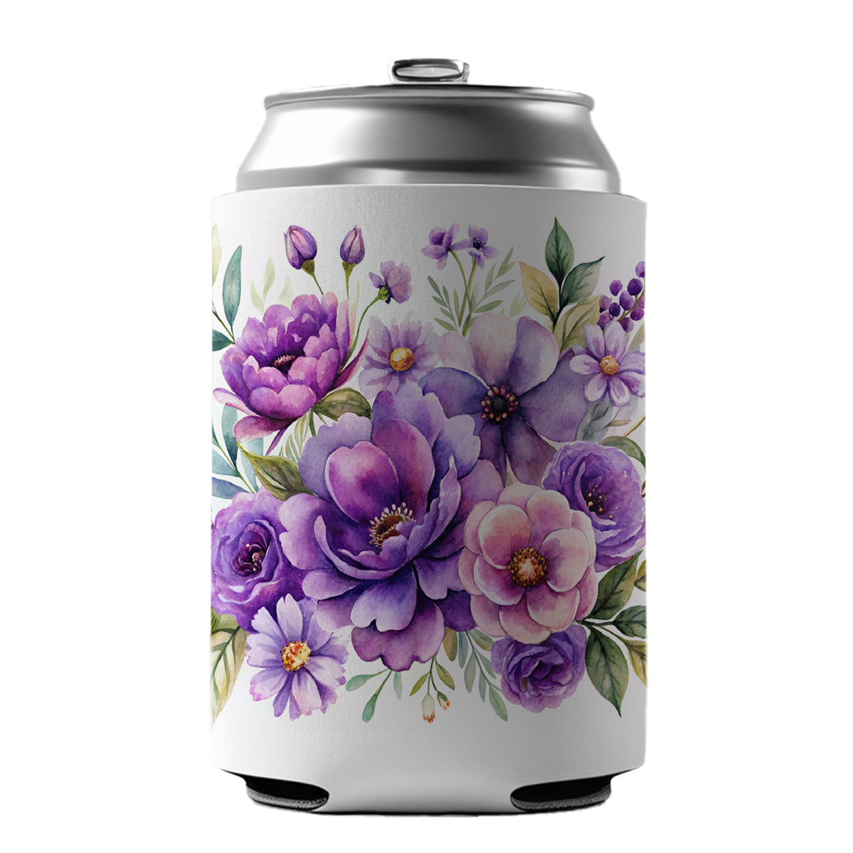 Purple Watercolor Flowers Can Cooler Beer Soda Drink Insulated Holder Sleeve Hugger