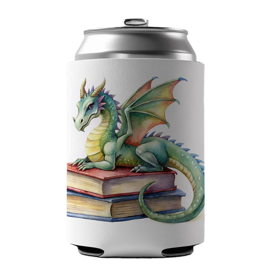 Reading Dragon Laying On Top Books Watercolor Can Cooler Beer Soda Drink Insulated Holder Sleeve Hugger