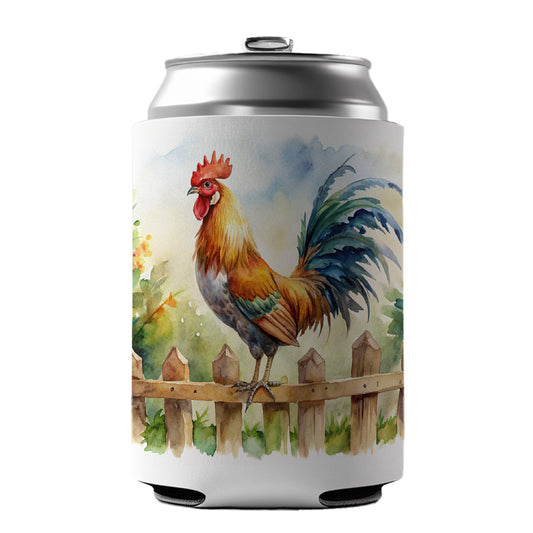 Rooster On Fence Watercolor Can Cooler Beer Soda Drink Insulated Holder Sleeve Hugger