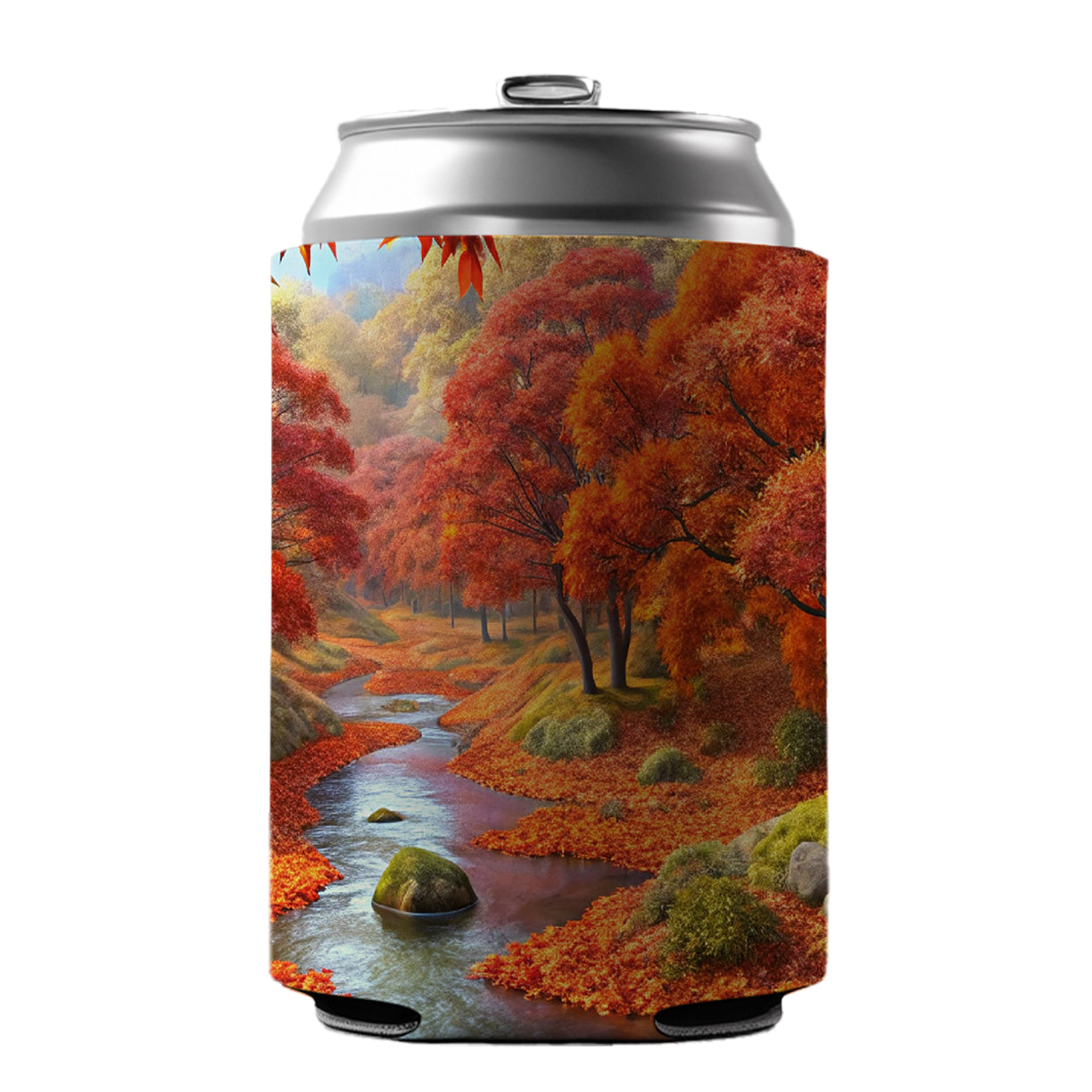 Stream and Trees in Fall Autumn Can Cooler Beer Soda Drink Insulated Holder Sleeve Hugger