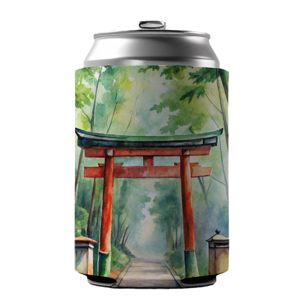 Torii Gate Leading To Forest Shrine Watercolor Can Cooler Beer Soda Drink Insulated Holder Sleeve Hugger