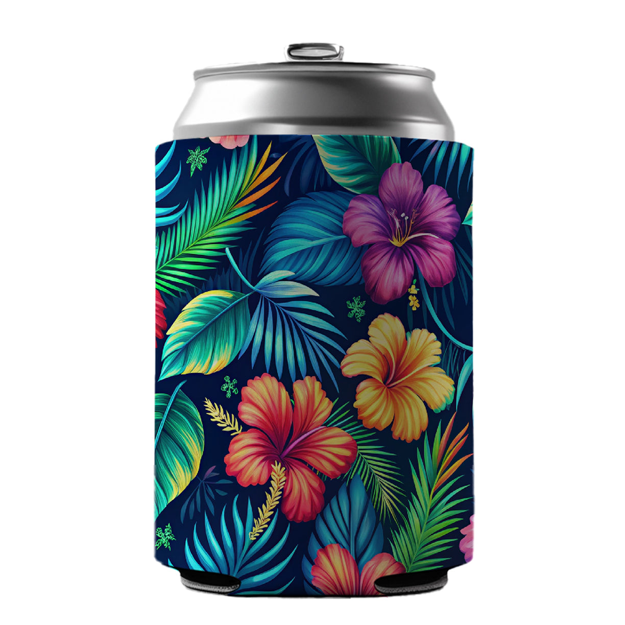 Tropical Neon Hibiscus Floral Pattern Can Cooler Beer Soda Drink Insulated Holder Sleeve Hugger