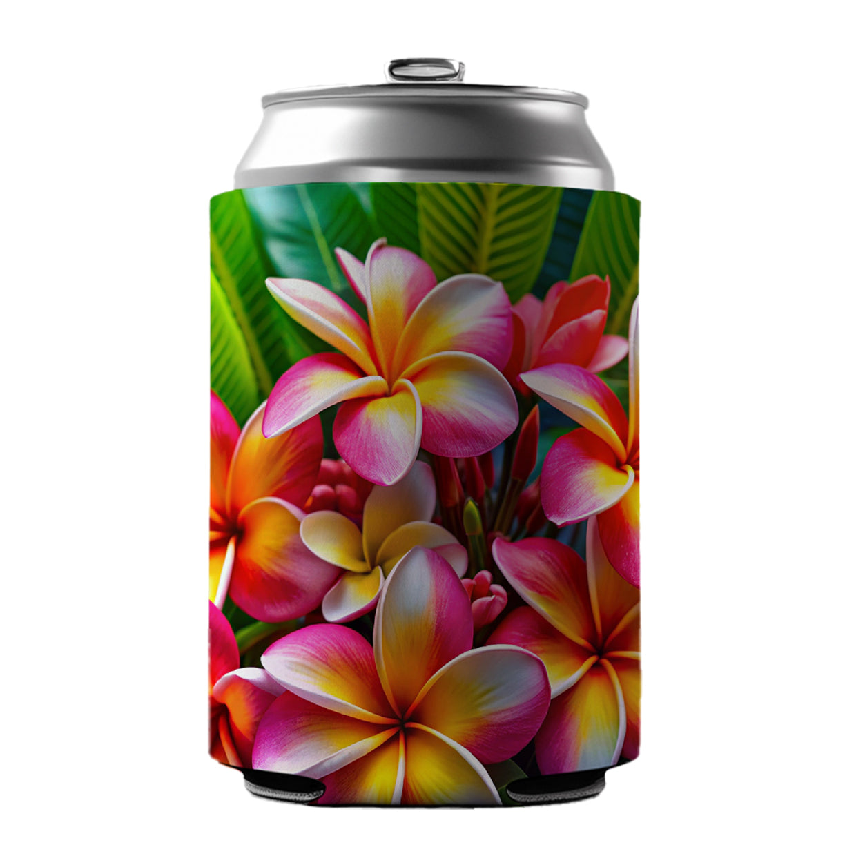 Tropical Pink Yellow Plumeria Flowers Can Cooler Beer Soda Drink Insulated Holder Sleeve Hugger