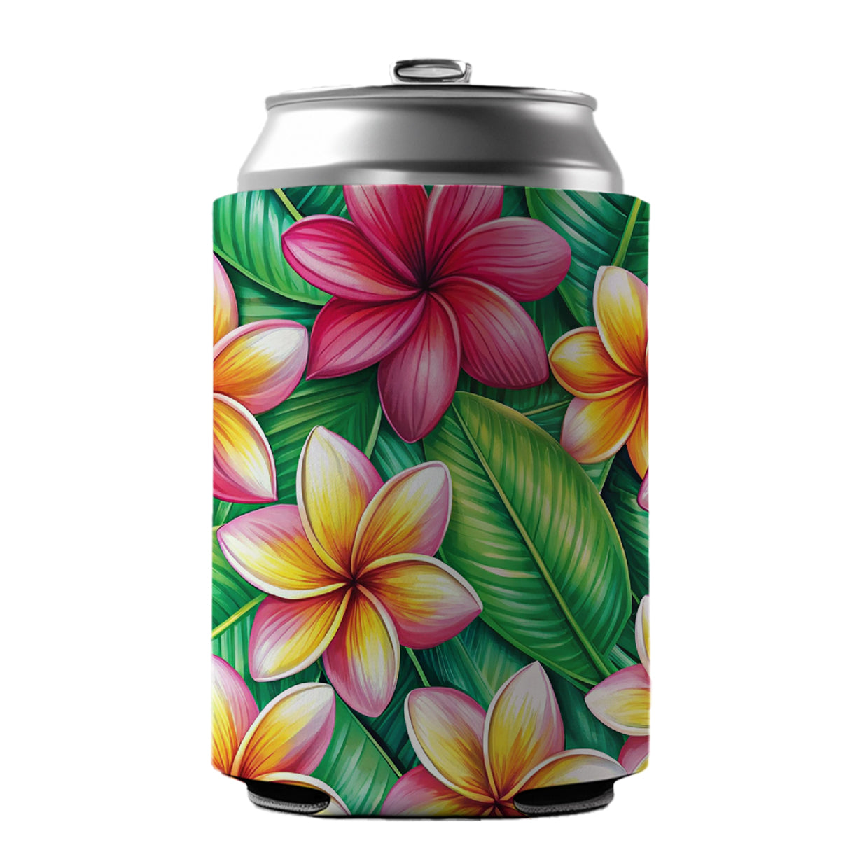 Tropical Plumeria Floral Pattern Can Cooler Beer Soda Drink Insulated Holder Sleeve Hugger
