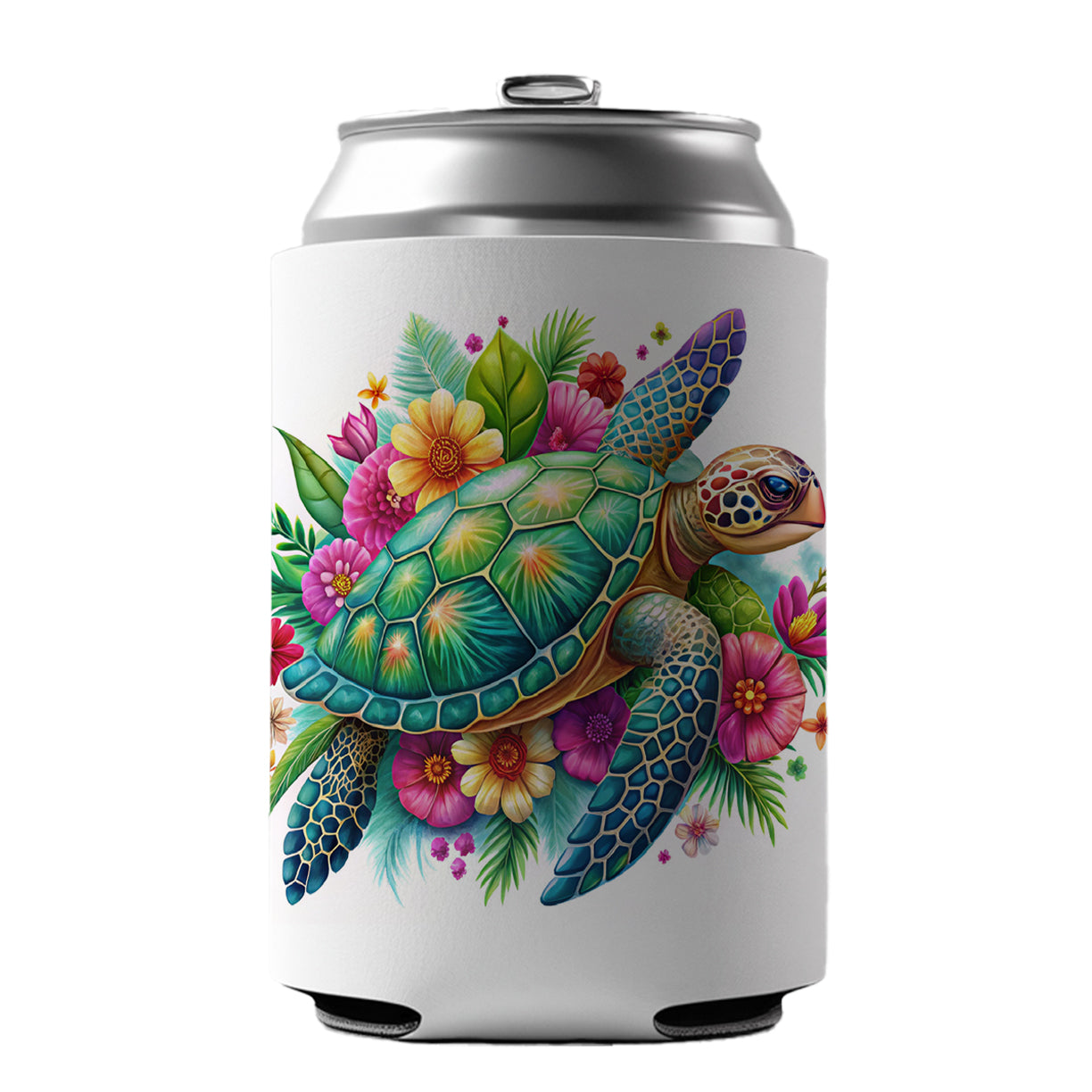 Tropical Sea Turtle Floral Design Can Cooler Beer Soda Drink Insulated Holder Sleeve Hugger