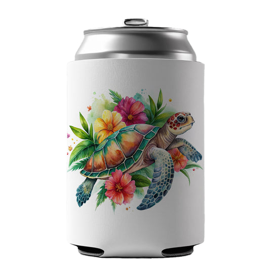 Tropical Sea Turtle Hibiscus Floral Watercolor Can Cooler Beer Soda Drink Insulated Holder Sleeve Hugger