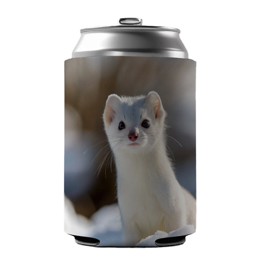 White Stoat Ermine In Snow Can Cooler Beer Soda Drink Insulated Holder Sleeve Hugger