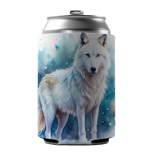 White Wolf Watercolor Can Cooler Beer Soda Drink Insulated Holder Sleeve Hugger