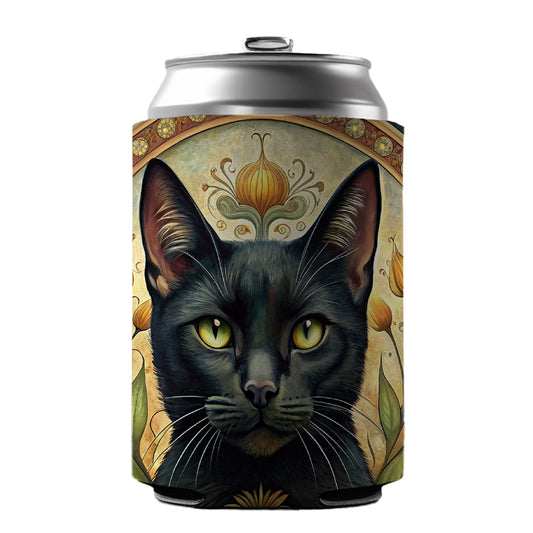Black Cat Art Nouveau Can Cooler Beer Soda Drink Insulated Holder Sleeve Hugger