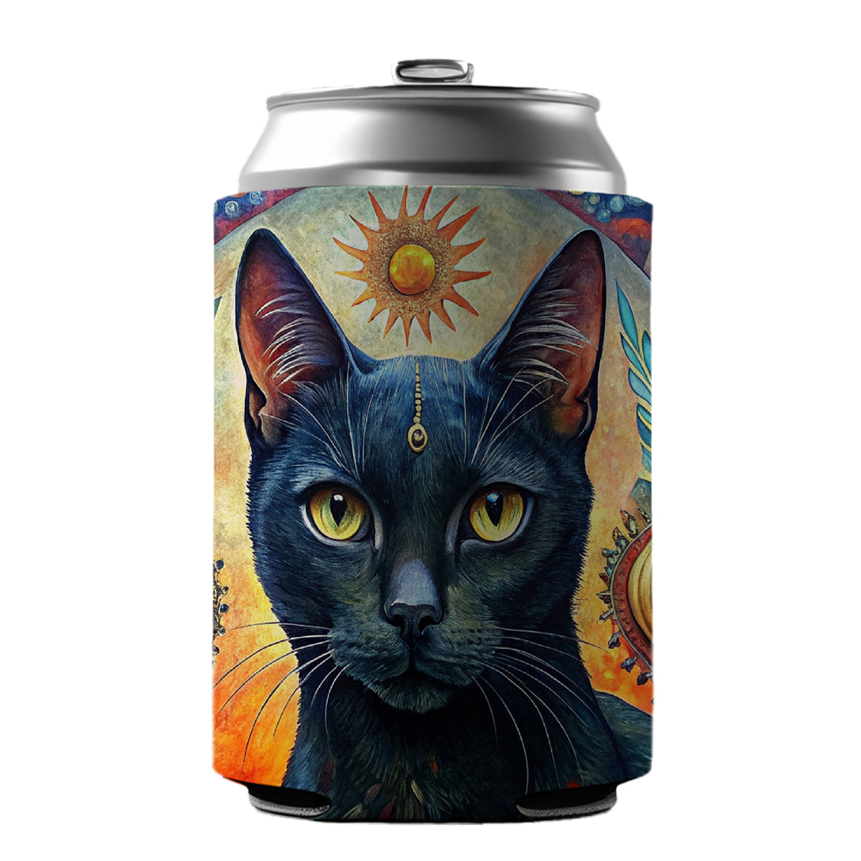 Black Cat Bohemian Art Can Cooler Beer Soda Drink Insulated Holder Sleeve Hugger