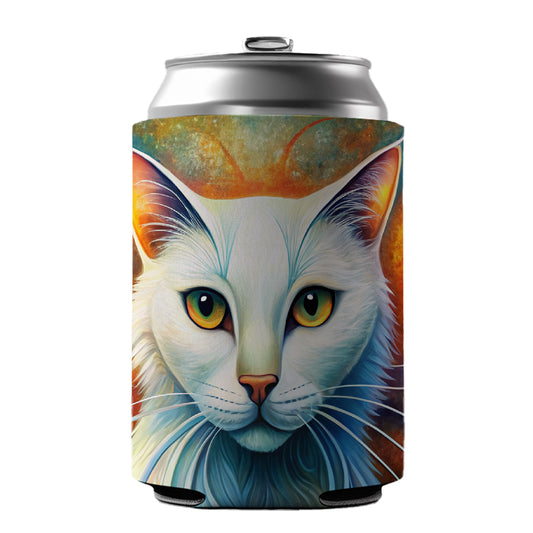White Cat Abstract Stylized Art Can Cooler Beer Soda Drink Insulated Holder Sleeve Hugger