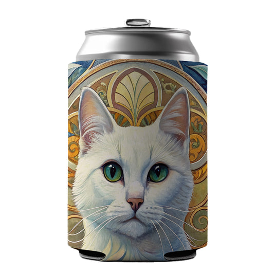 White Cat Art Nouveau Can Cooler Beer Soda Drink Insulated Holder Sleeve Hugger
