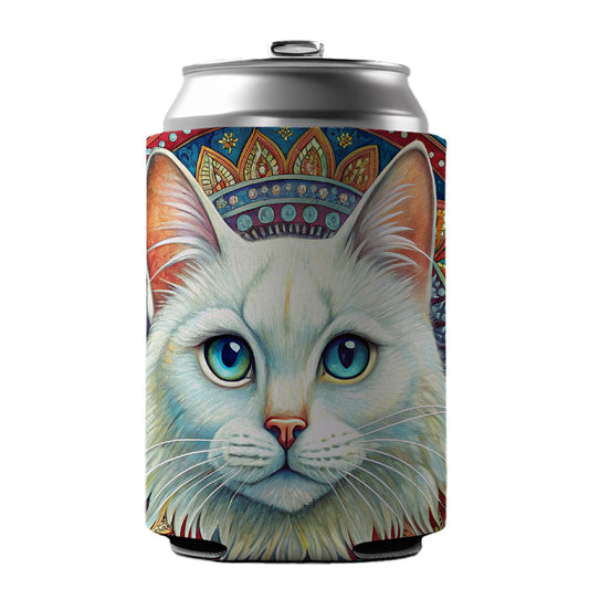 White Cat Bohemian Art Can Cooler Beer Soda Drink Insulated Holder Sleeve Hugger