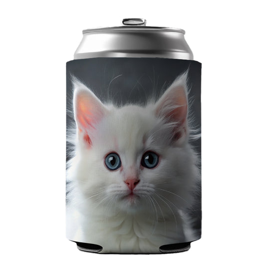 White Cat Kitten Photo Can Cooler Beer Soda Drink Insulated Holder Sleeve Hugger