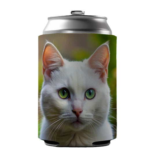 White Cat Photo Can Cooler Beer Soda Drink Insulated Holder Sleeve Hugger