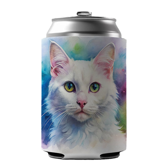 White Cat Watercolor Style Can Cooler Beer Soda Drink Insulated Holder Sleeve Hugger