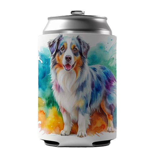 Australian Shepherd Dog Watercolor Style Can Cooler Beer Soda Drink Insulated Holder Sleeve Hugger
