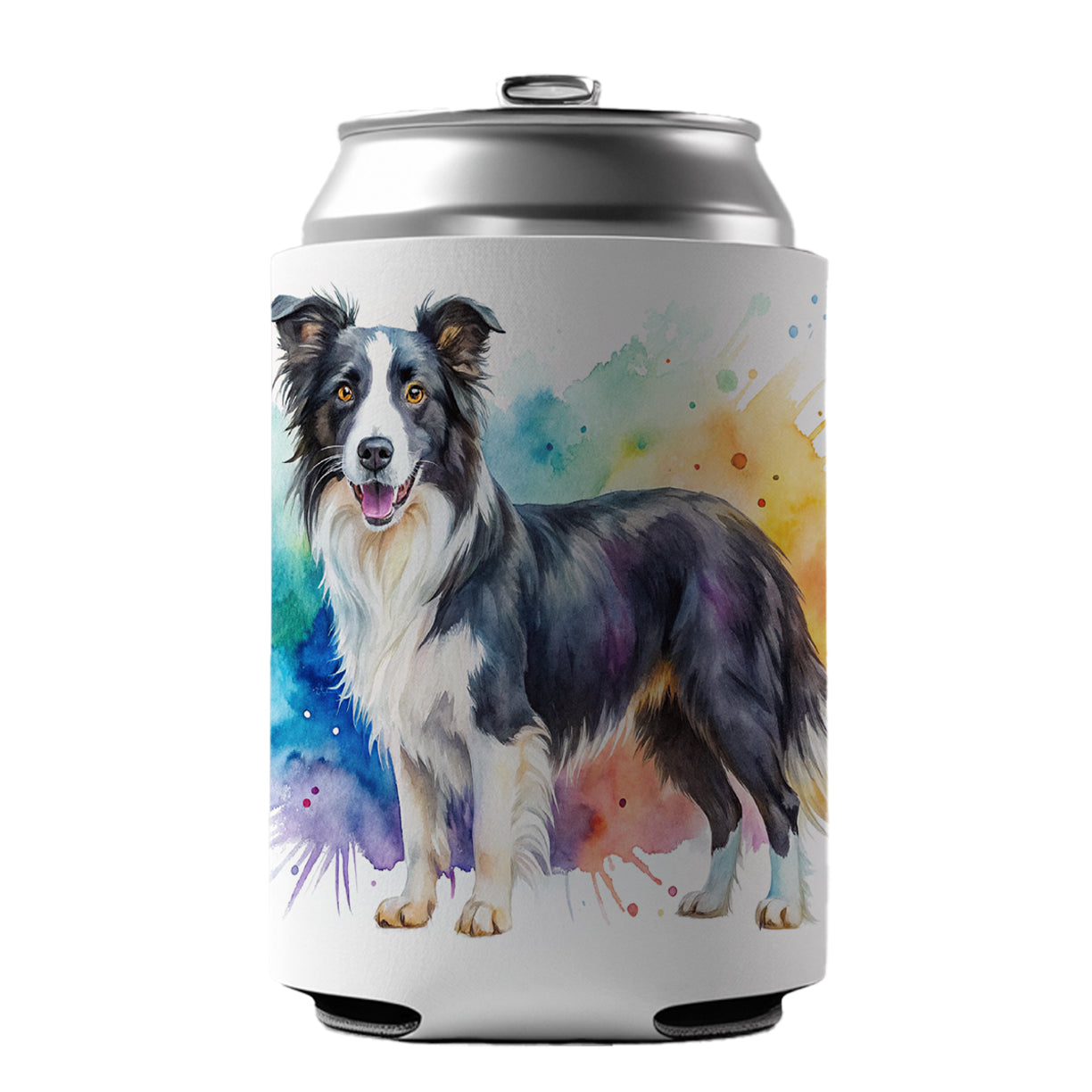 Border Collie Dog Watercolor Style Can Cooler Beer Soda Drink Insulated Holder Sleeve Hugger
