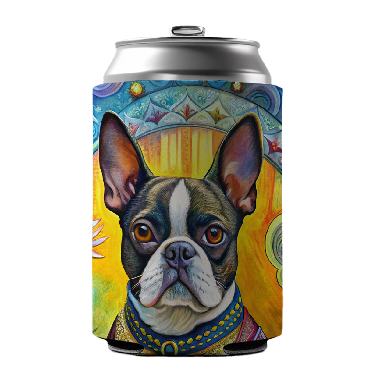 Boston Terrier Dog French Bohemian Art Can Cooler Beer Soda Drink Insulated Holder Sleeve Hugger
