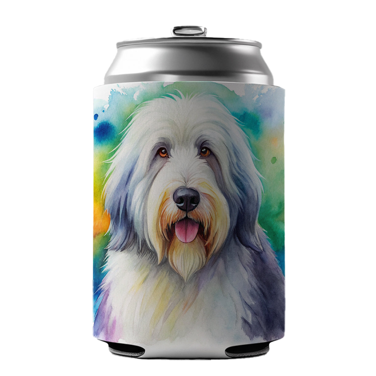 Old English Sheepdog Dog Watercolor Style Can Cooler Beer Soda Drink Insulated Holder Sleeve Hugger