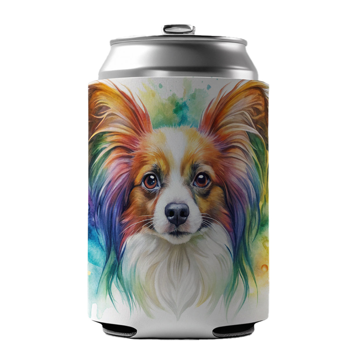 Papillion Dog Watercolor Style Can Cooler Beer Soda Drink Insulated Holder Sleeve Hugger