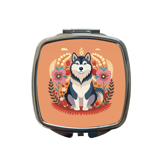 Alaskan Malamute Dog Floral Flowers Small Travel Purse Handbag Pocket Makeup Compact Mirror