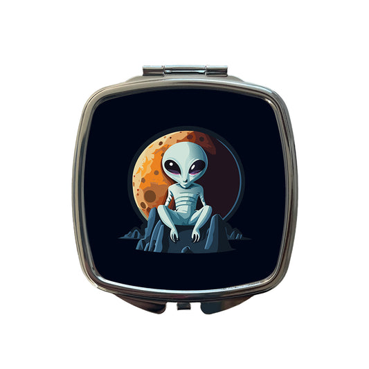 Alien Sitting Moon Planet Space Small Travel Purse Handbag Pocket Makeup Compact Mirror