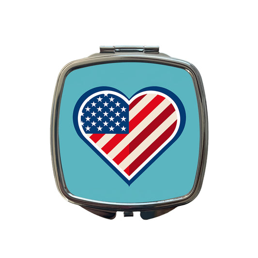 American Flag in Heart Patriotic USA United States Small Travel Purse Handbag Pocket Makeup Compact Mirror