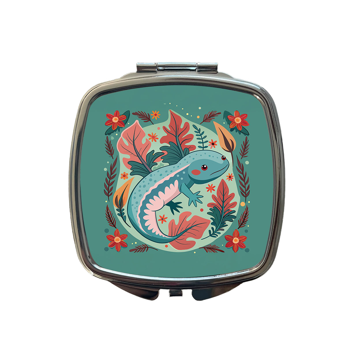 Axolotl Floral Motif Small Travel Purse Handbag Pocket Makeup Compact Mirror