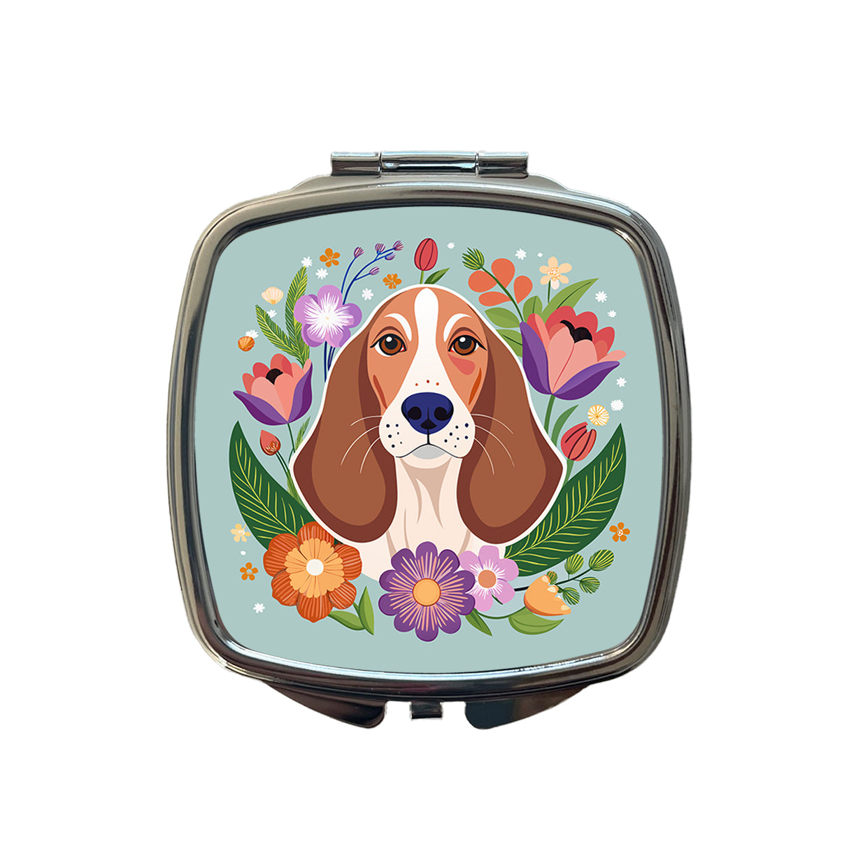 Basset Hound Dog Floral Flowers Small Travel Purse Handbag Pocket Makeup Compact Mirror