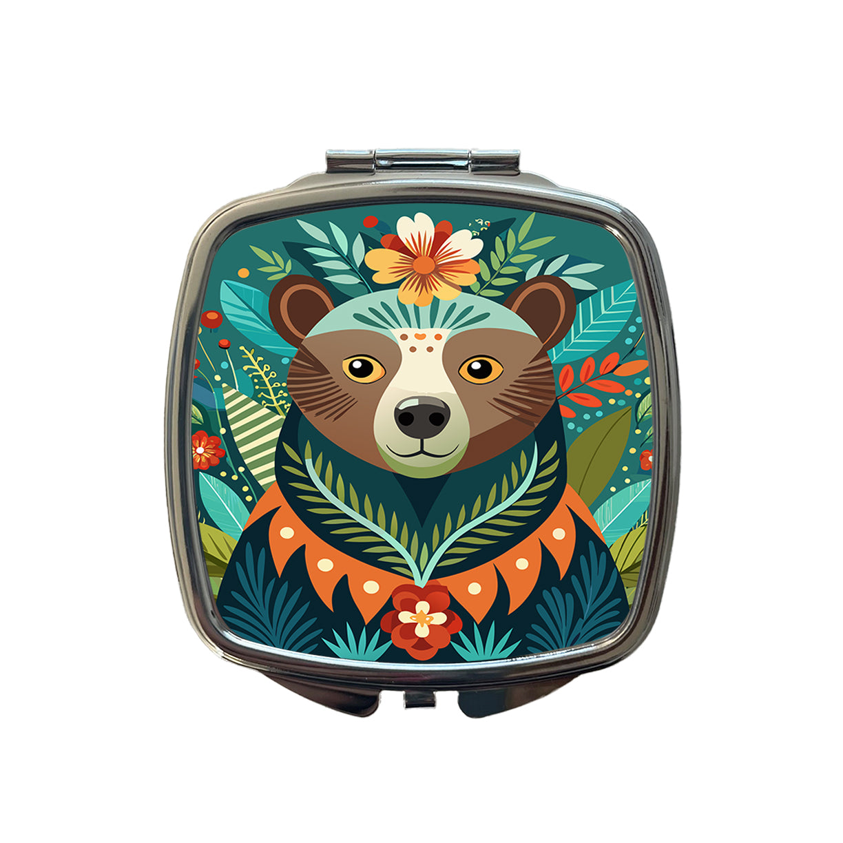 Bear Floral Flowers Small Travel Purse Handbag Pocket Makeup Compact Mirror