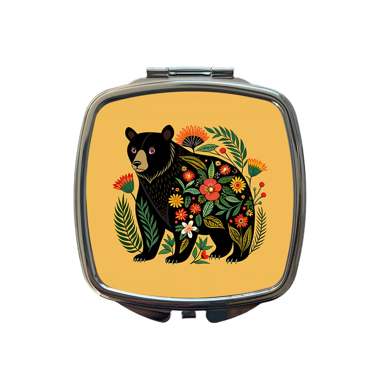 Black Bear Floral Motif Small Travel Purse Handbag Pocket Makeup Compact Mirror