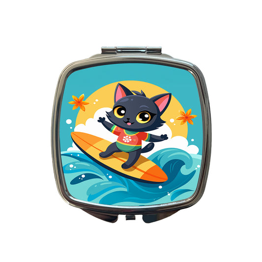 Black Cat Kitty Girl Surfing Small Travel Purse Handbag Pocket Makeup Compact Mirror