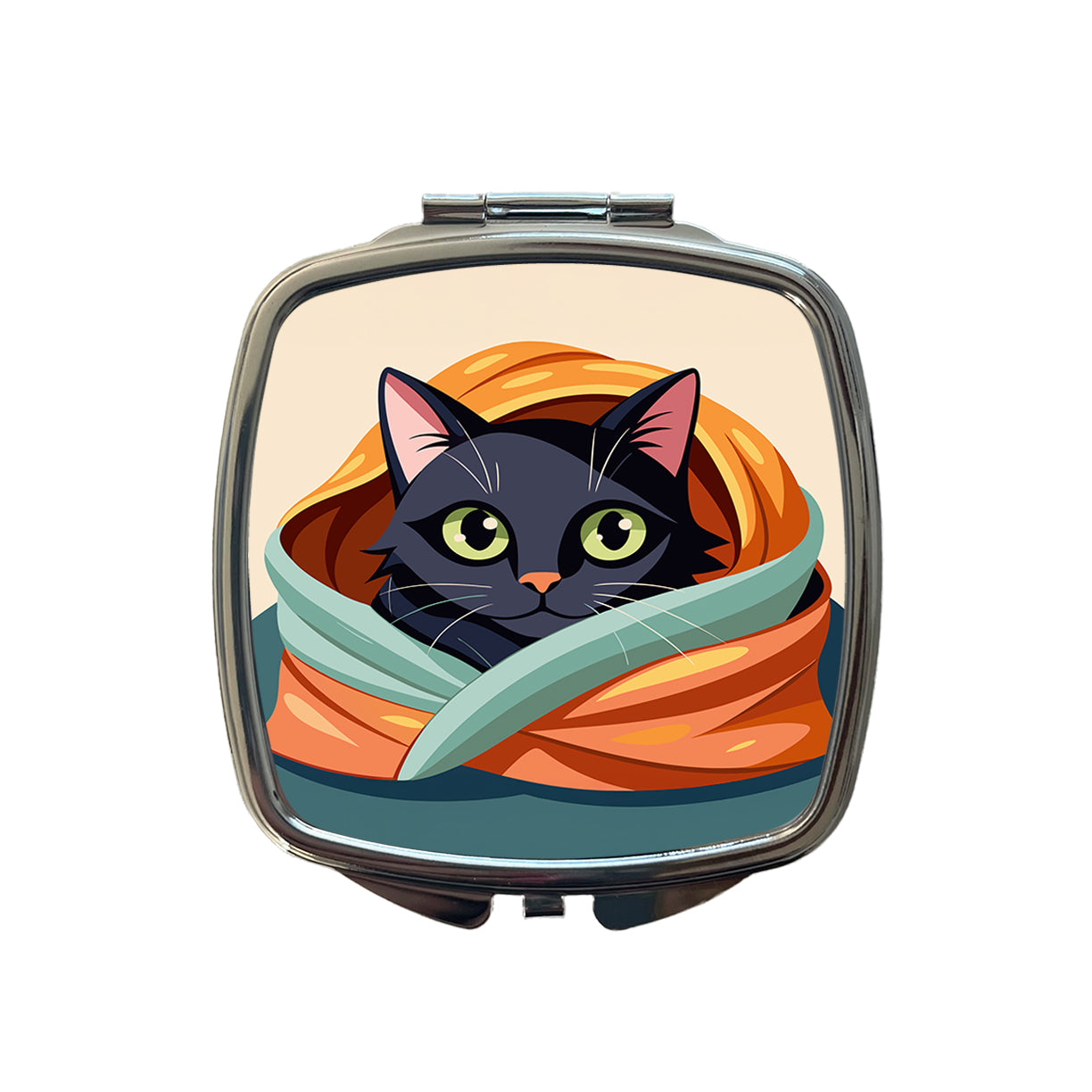 Black Cat Snuggling in Blanket Small Travel Purse Handbag Pocket Makeup Compact Mirror