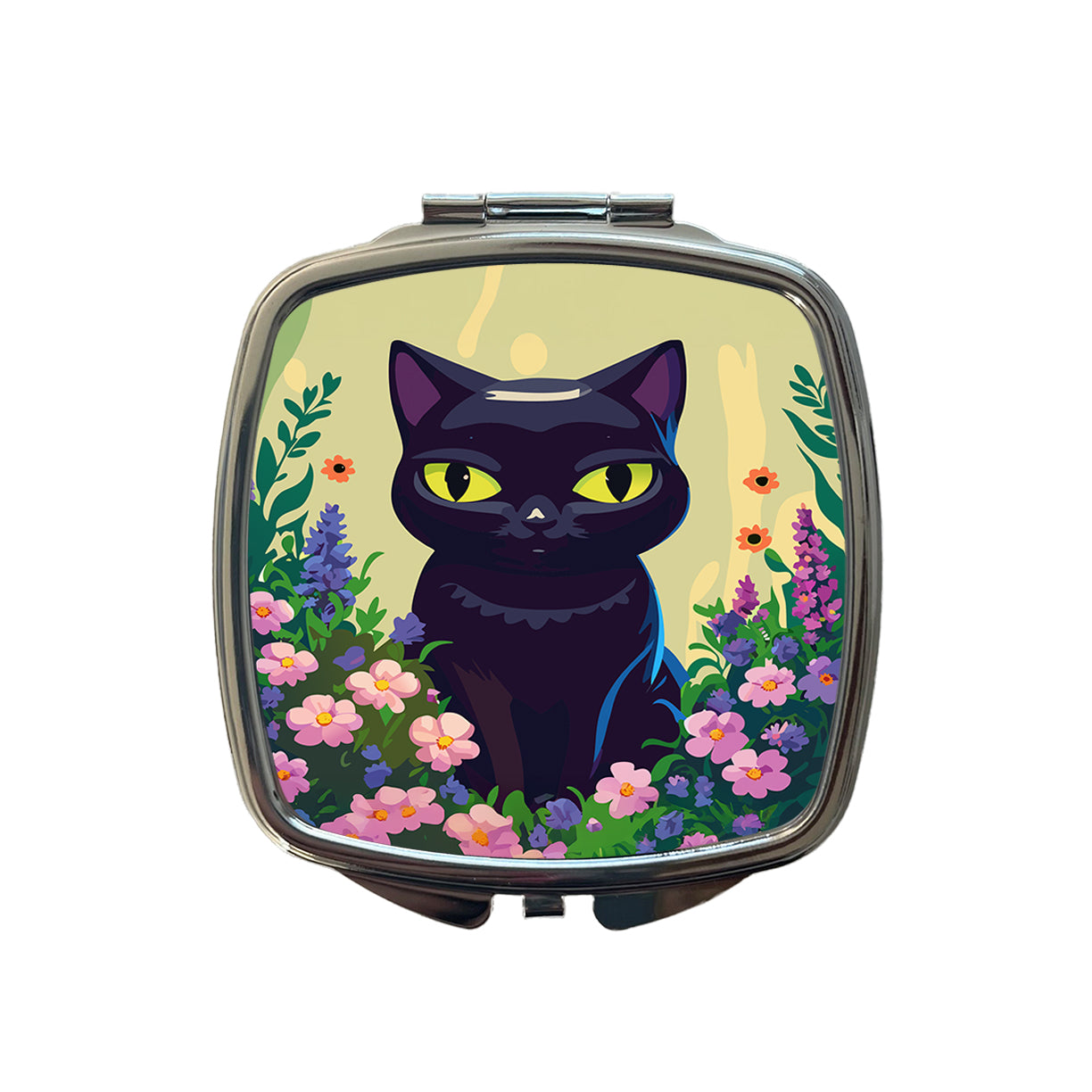 Black White Cat in Flower Garden Small Travel Purse Handbag Pocket Makeup Compact Mirror