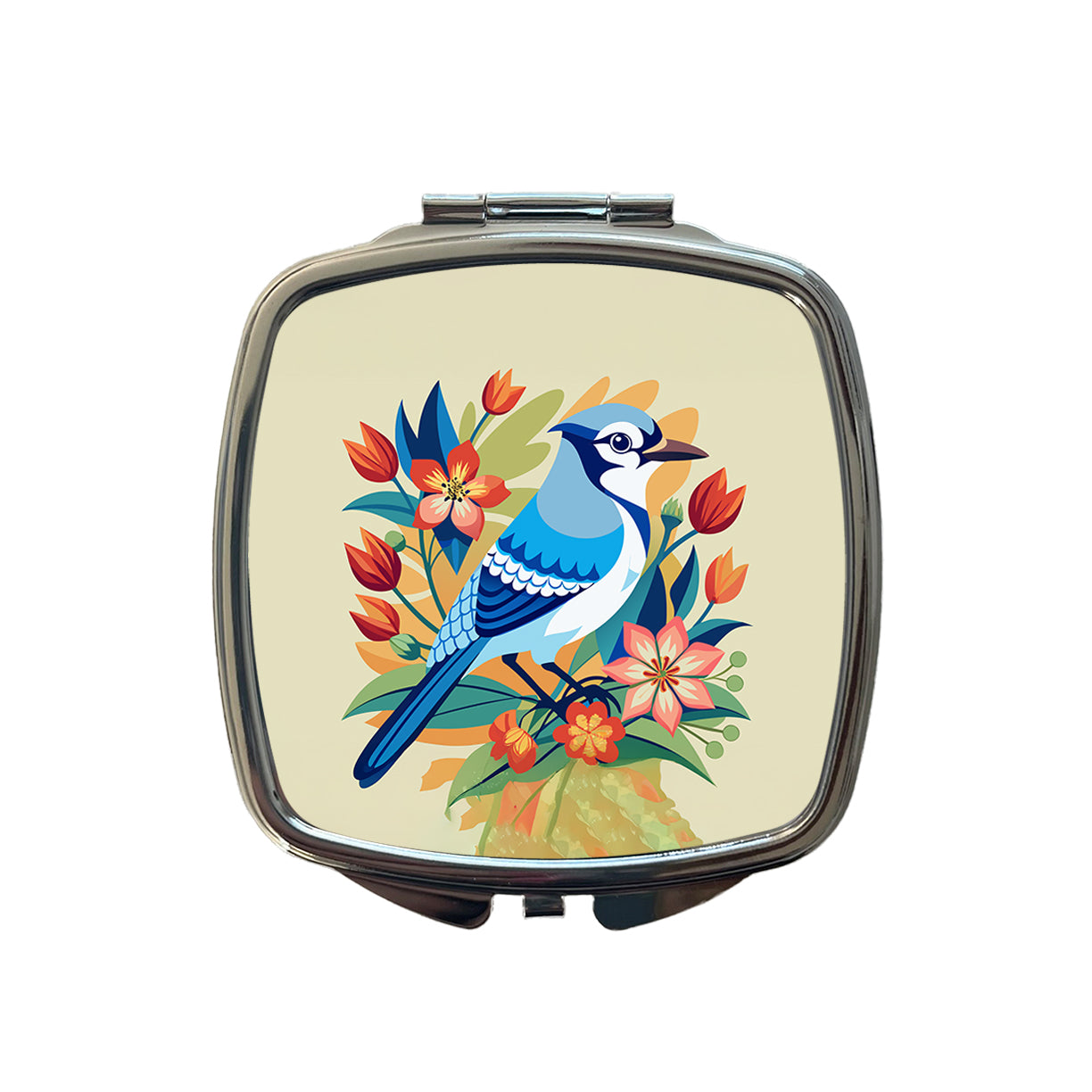 Blue Jay Floral Flowers Small Travel Purse Handbag Pocket Makeup Compact Mirror