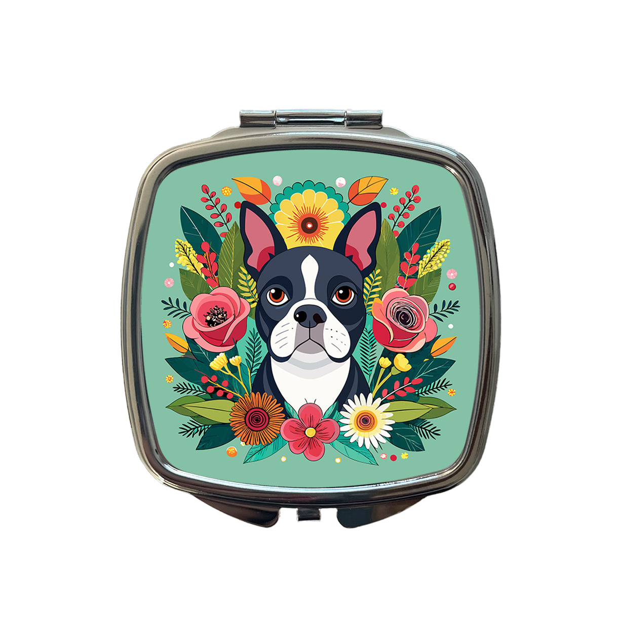 Boston Terrier Dog Floral Flowers Small Travel Purse Handbag Pocket Makeup Compact Mirror