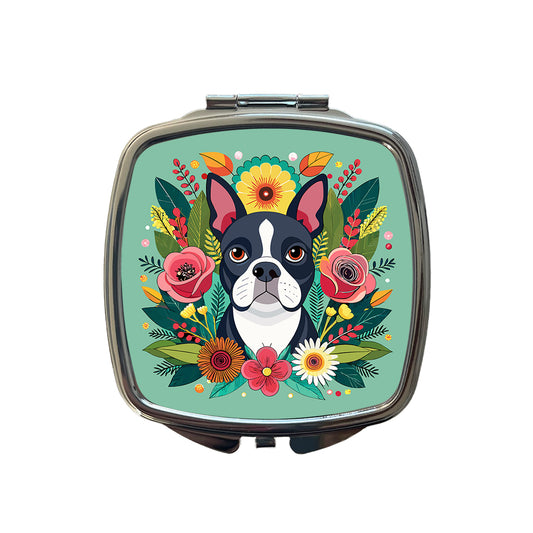 Boston Terrier Dog Floral Flowers Small Travel Purse Handbag Pocket Makeup Compact Mirror