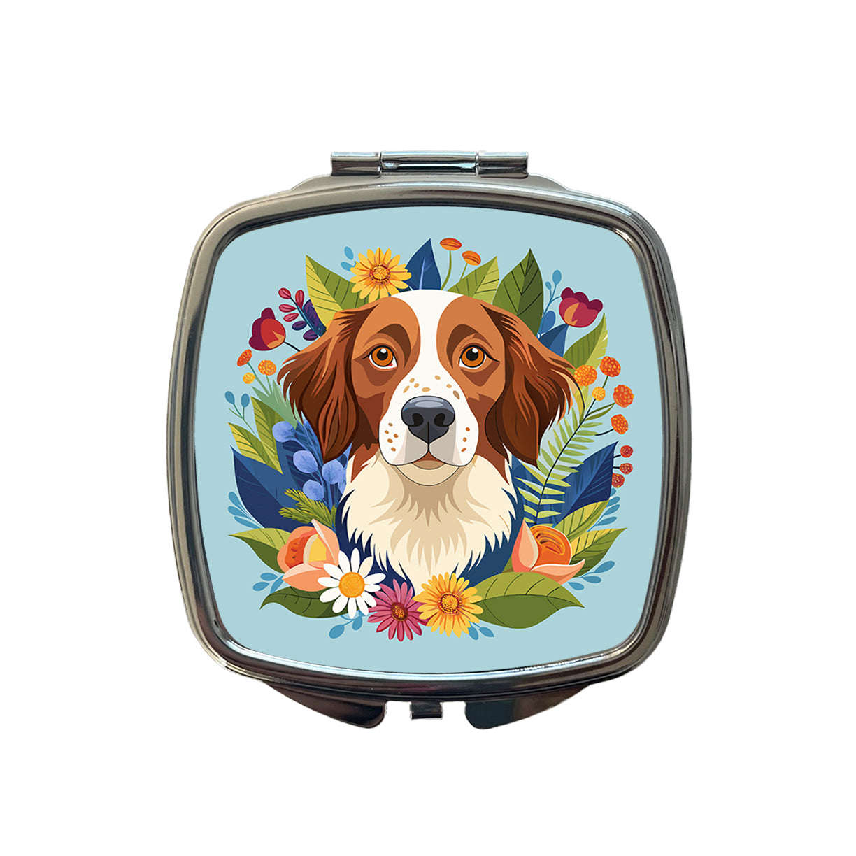 Brittany Spaniel Dog Floral Flowers Small Travel Purse Handbag Pocket Makeup Compact Mirror