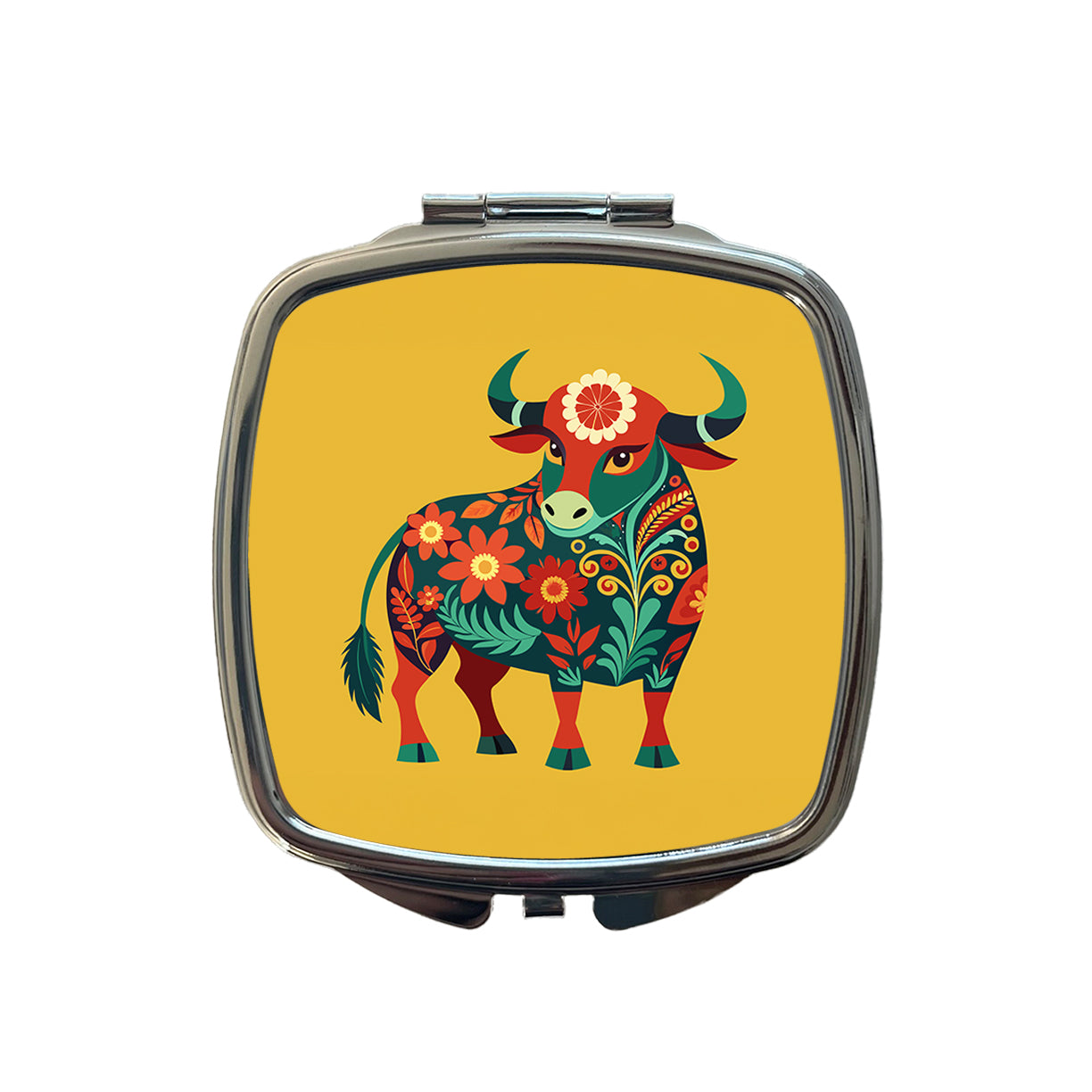 Bull Cow Floral Flowers Small Travel Purse Handbag Pocket Makeup Compact Mirror