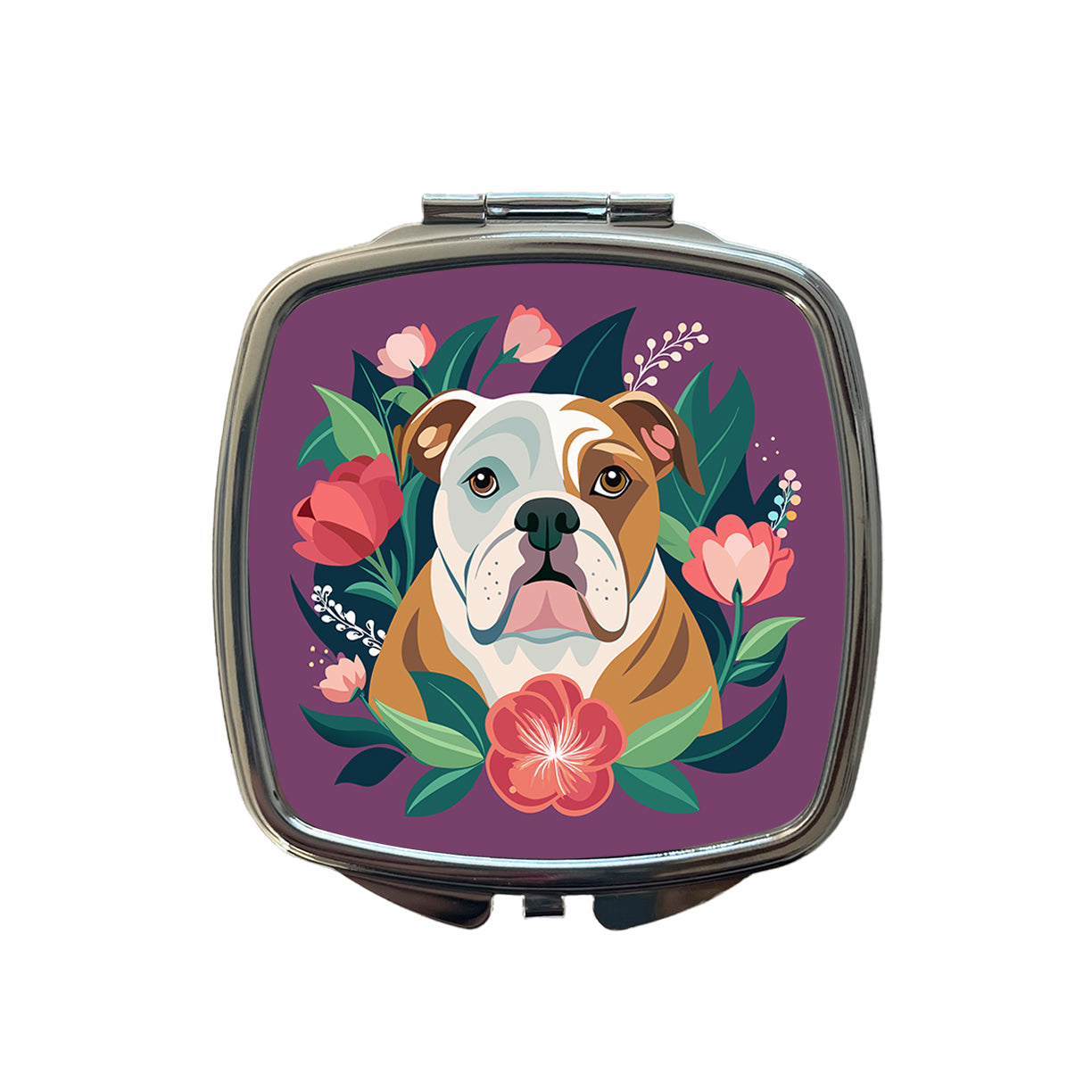 Bulldog Dog Floral Flowers Purple Background Small Travel Purse Handbag Pocket Makeup Compact Mirror