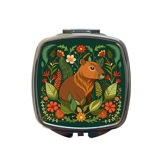 Capybara Botanical Art Nouveau Small Travel Purse Handbag Pocket Makeup Compact Mirror