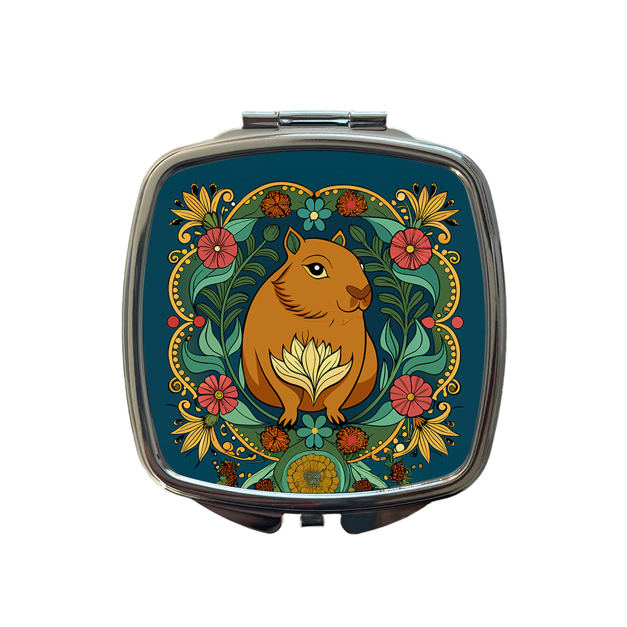 Capybara Floral Art Nouveau Flowers Elegant Small Travel Purse Handbag Pocket Makeup Compact Mirror