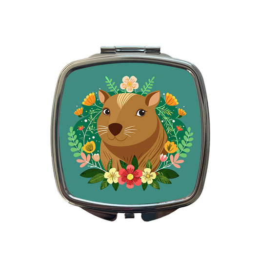 Capybara Head Floral Flowers Small Travel Purse Handbag Pocket Makeup Compact Mirror