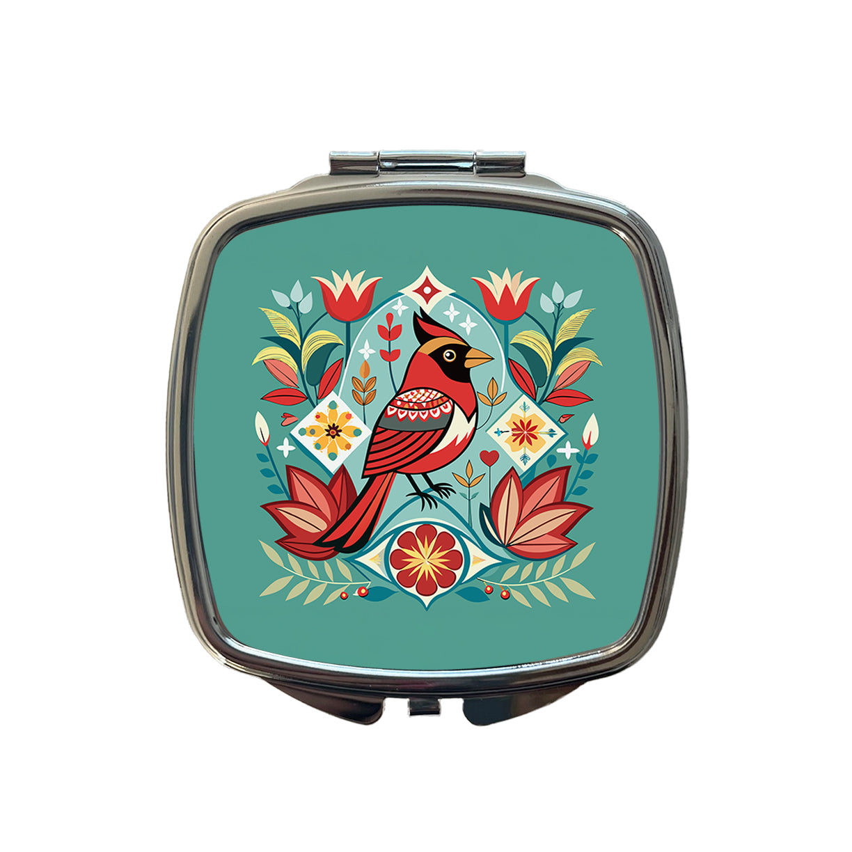 Cardinal Bird Floral Flowers Small Travel Purse Handbag Pocket Makeup Compact Mirror