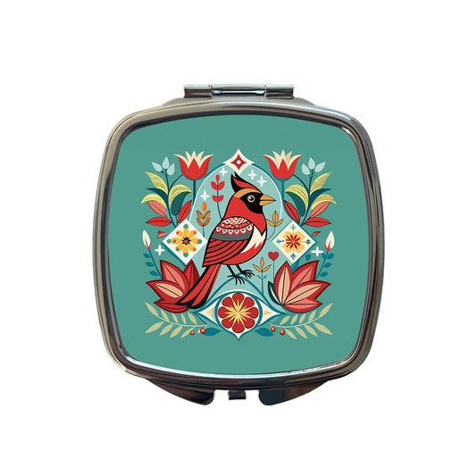 Cardinal Bird Floral Flowers Small Travel Purse Handbag Pocket Makeup Compact Mirror