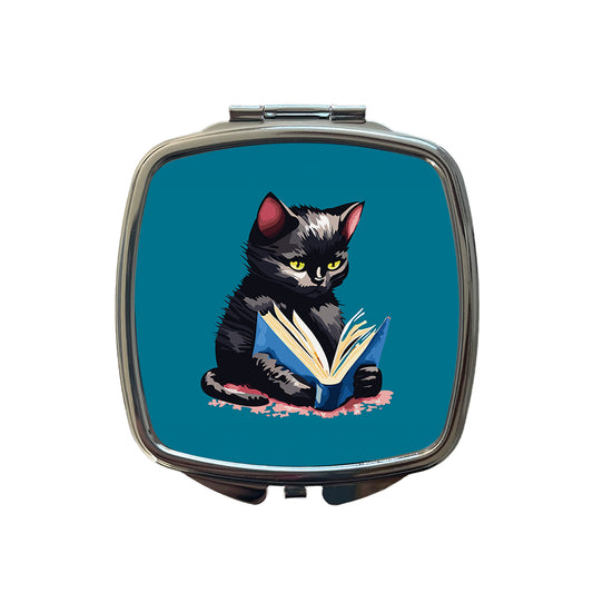Cat Black Reading Book Reader Small Travel Purse Handbag Pocket Makeup Compact Mirror