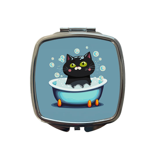 Cat Black Taking Bubble Bath Small Travel Purse Handbag Pocket Makeup Compact Mirror