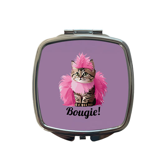 Cat Bougie Funny Pink Feather Boa Small Travel Purse Handbag Pocket Makeup Compact Mirror