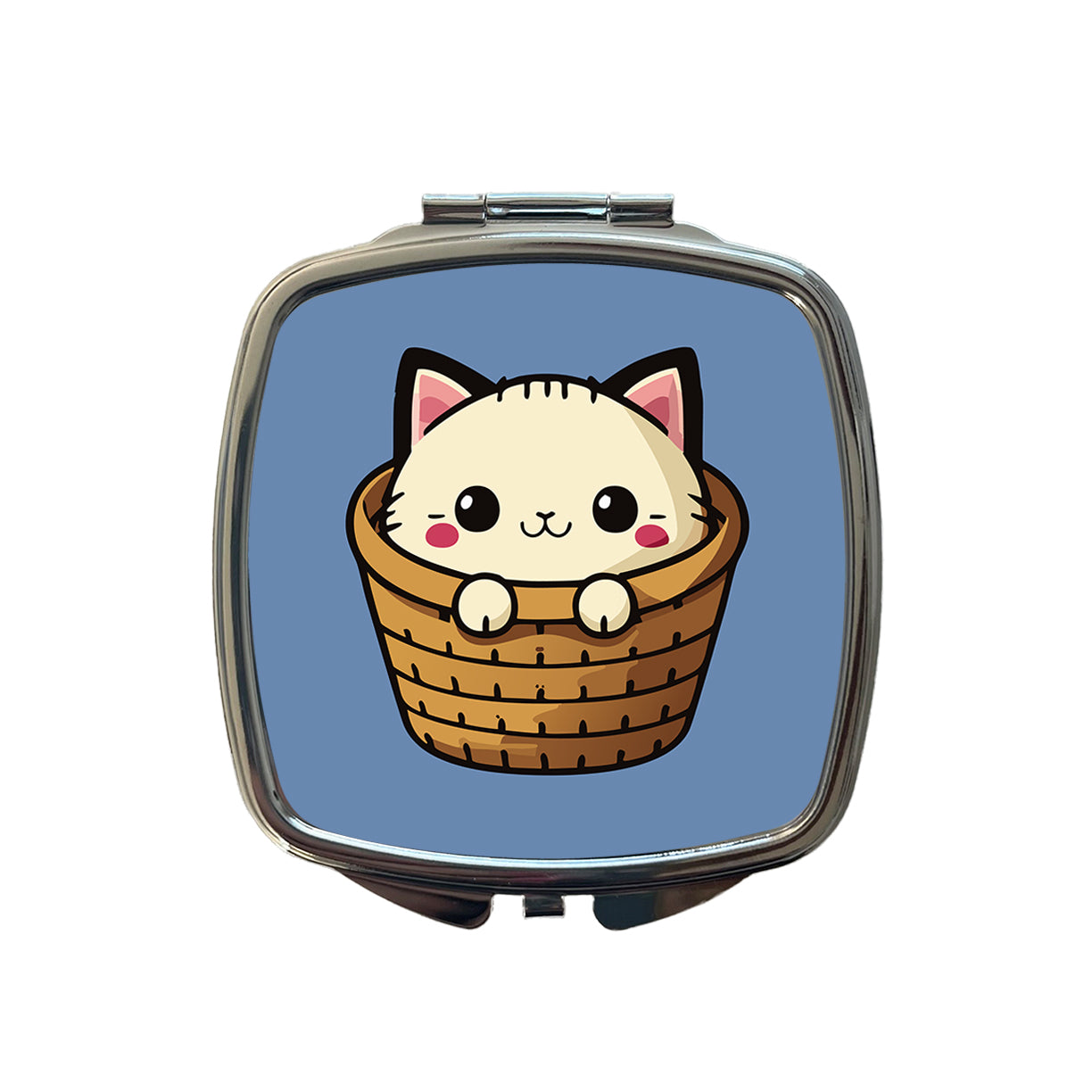 Cat Cute Chibi in Basket Small Travel Purse Handbag Pocket Makeup Compact Mirror